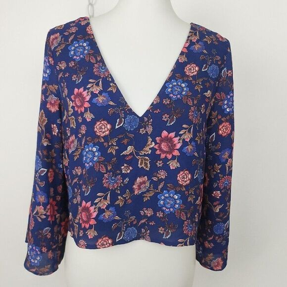 Forever 21 Blue Floral Long Sleeve Corset Back Crop Top V-Neck Bell Sleeve L - Picture 1 of 5